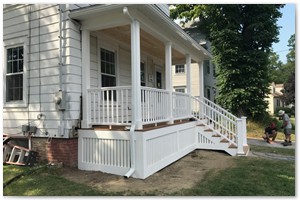 PORCH CONSTRUCTION - The new Farmer’s porch was framed with pressure treated lumber, Azek wrapped square columns, Azek premier railings....