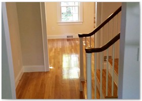 REMODEL FLOORING - We sanded, sealed and applied three coats of polyurethane to these hardwood oak floors.
