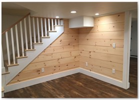 Basement finished with knotty pine walls